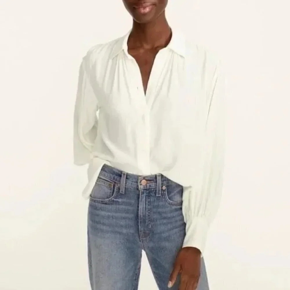 J. Crew Ivory White Gathered Front Long Sleeve Button Down XS